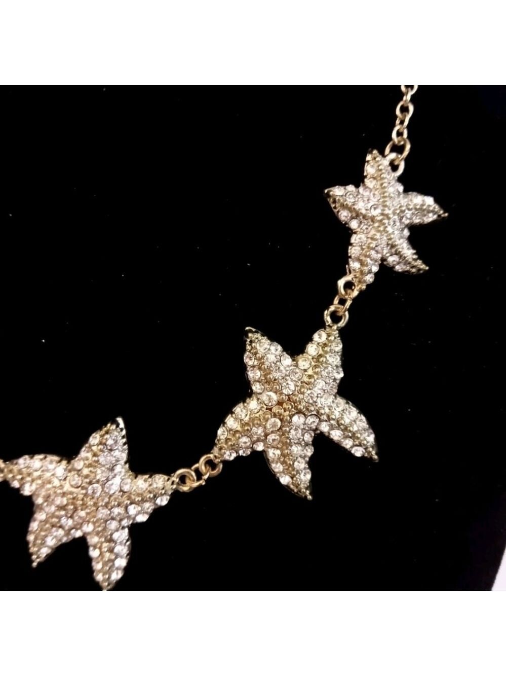 Traci Lynn"Sea Stars"Rhinestone Studded StarFish GoldTone Statement Necklace - Picture 7 of 9
